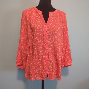 Rose & Olive Coral Floral Button-Down Peasant Blouse
